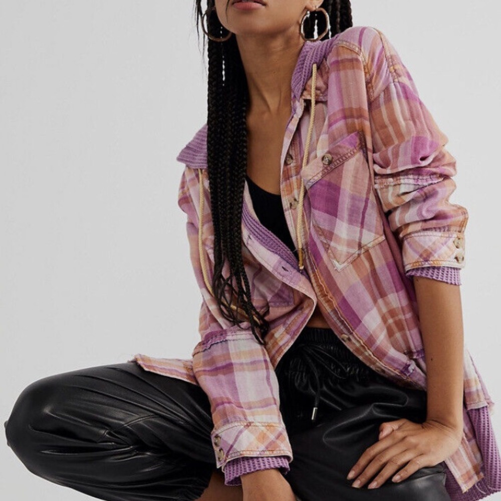 Free People inspired Dance & Marvel plaid hooded oversized button shirt lounge